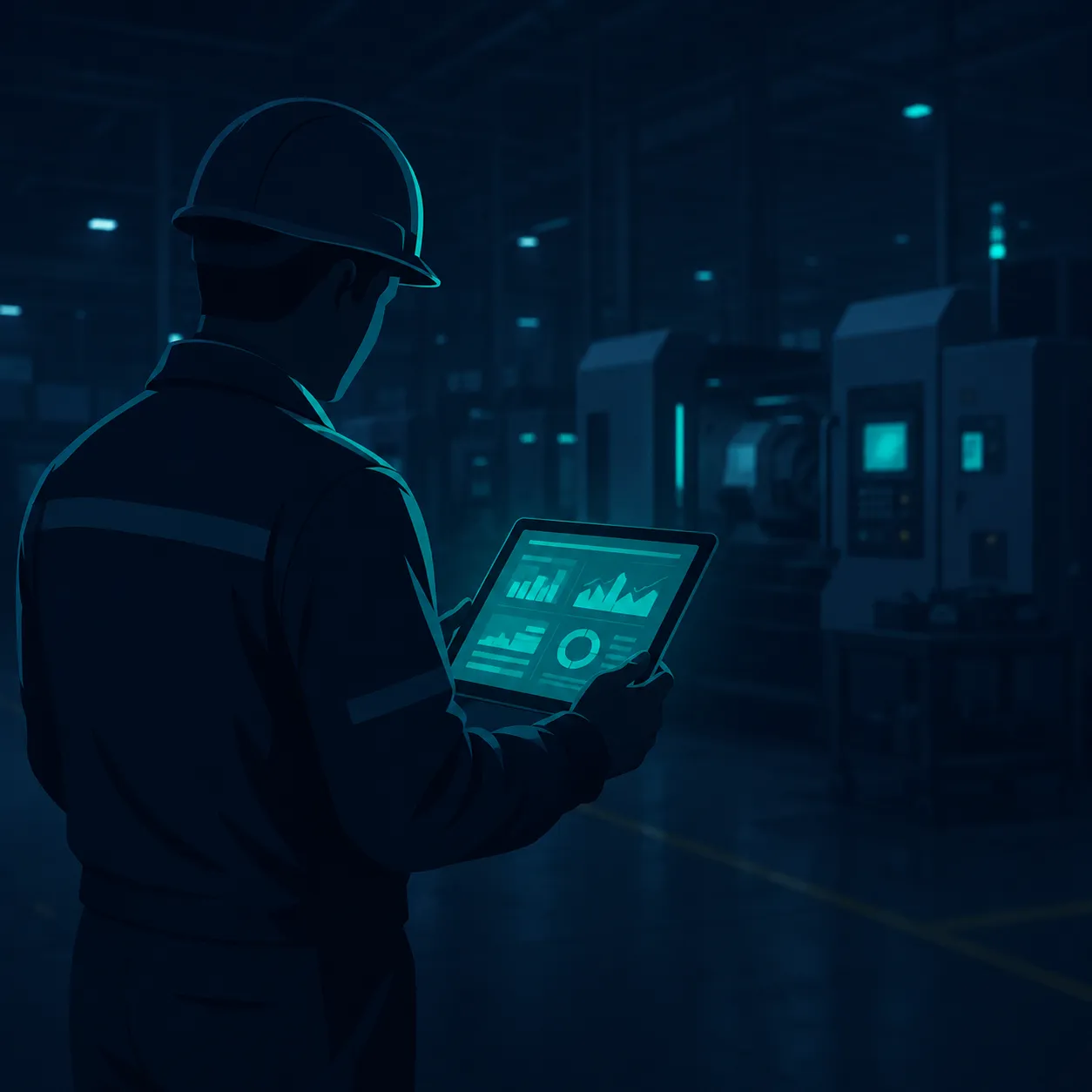A maintenance lead, seen from behind with no identifiable face, checking an abstract glowing dashboard on a tablet on a factory floor at night.