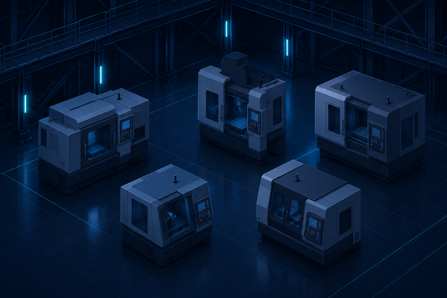 Isometric view of a CNC milling factory floor with five machines, glowing teal sensor lights, and a catwalk structure.